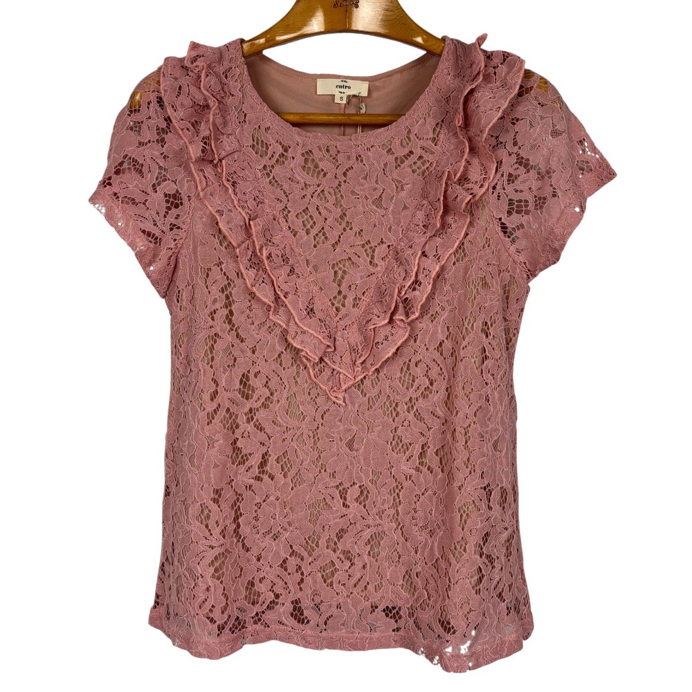 Entro Pink Lace Blouse‎ Small Ruffle Front Coquette Romantic Cottagecore Top